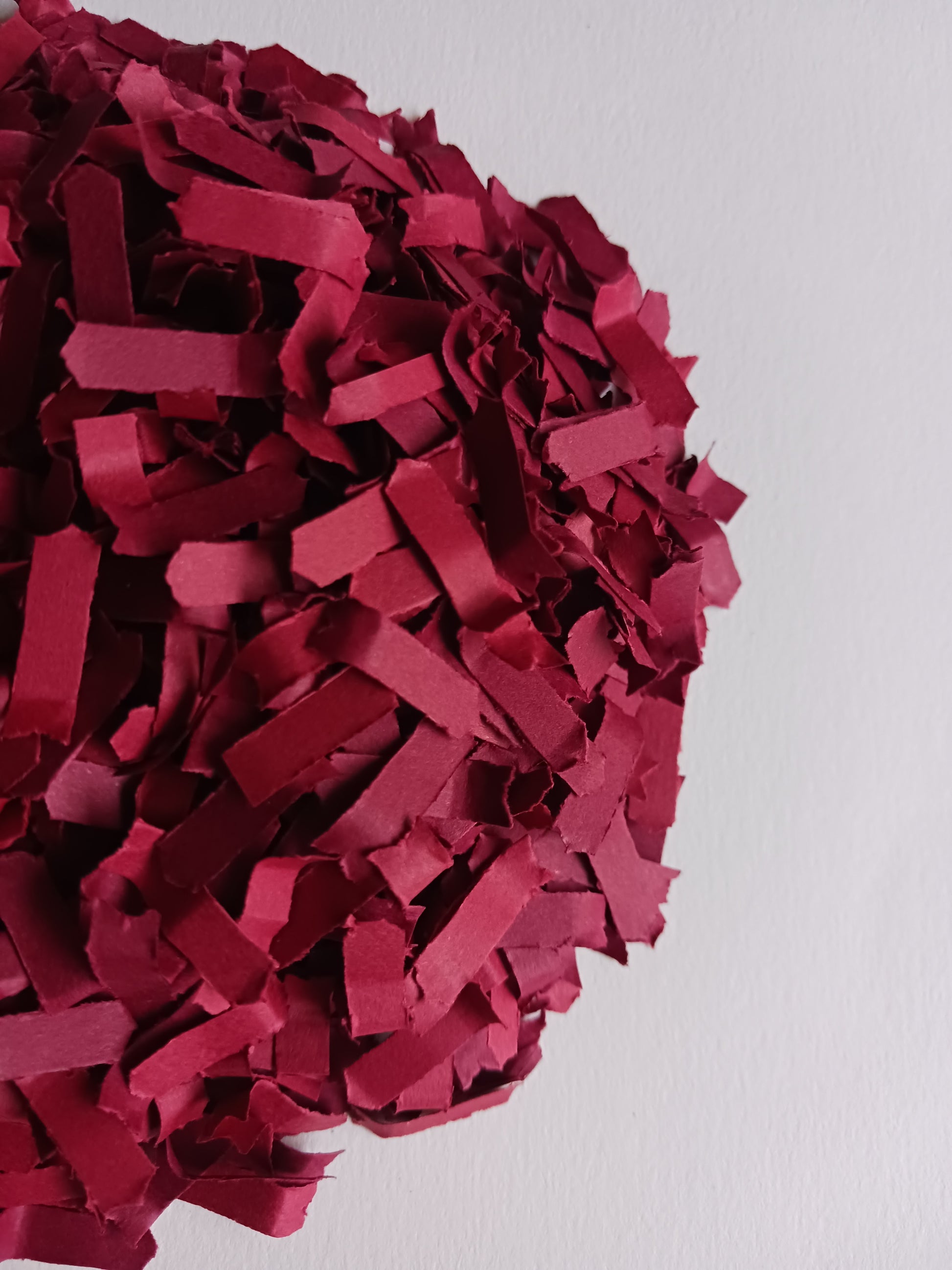Close-up of various deep red aper confetti on white background. 