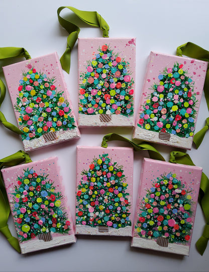 Pink confetti tree ornament with colorful dots and chartreuse ribbon – modern handmade Christmas art