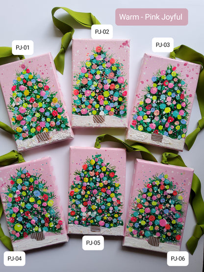 Pink confetti tree ornament with colorful dots and chartreuse ribbon – modern handmade Christmas art