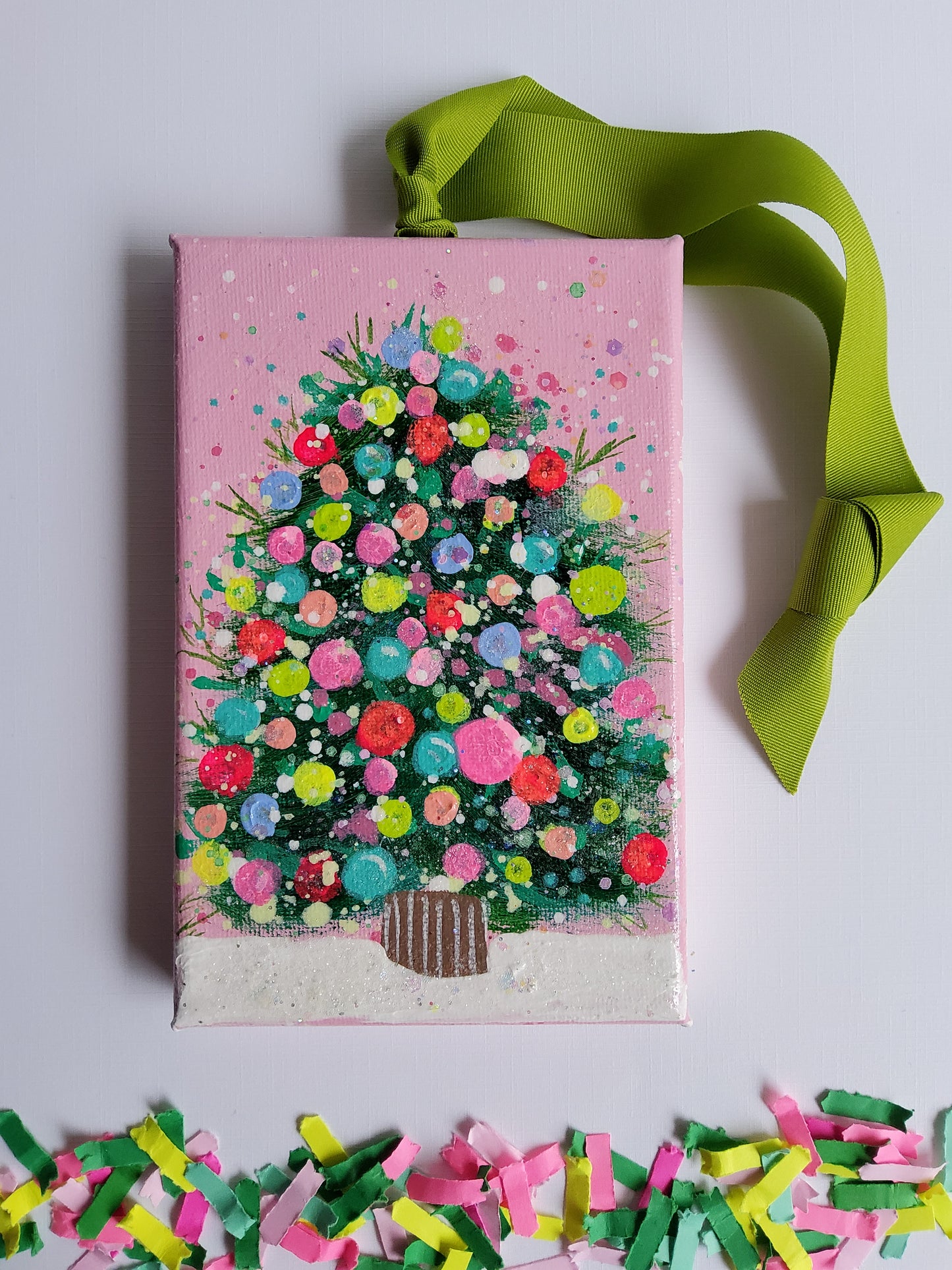 Pink confetti tree ornament with colorful dots and chartreuse ribbon – modern handmade holiday decor