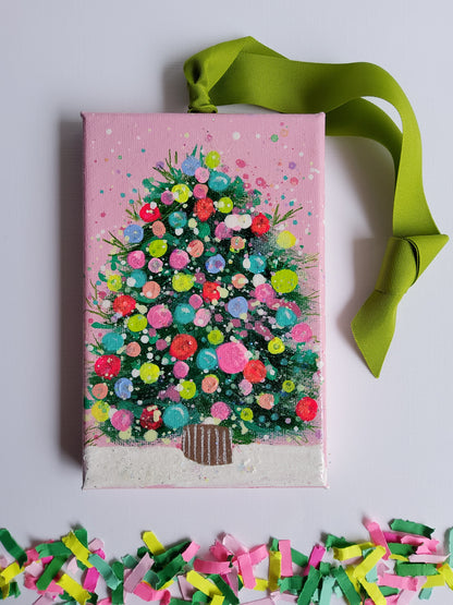 Pink confetti tree ornament with colorful dots and chartreuse ribbon – modern handmade holiday decor