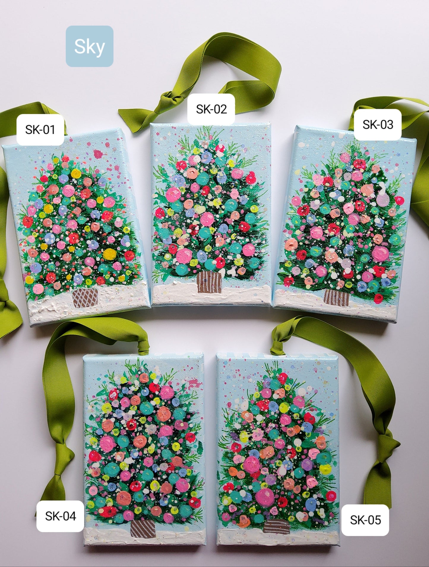 Hand-Painted Confetti Tree Ornaments – Peaceful Light Collection (Cool Tones)