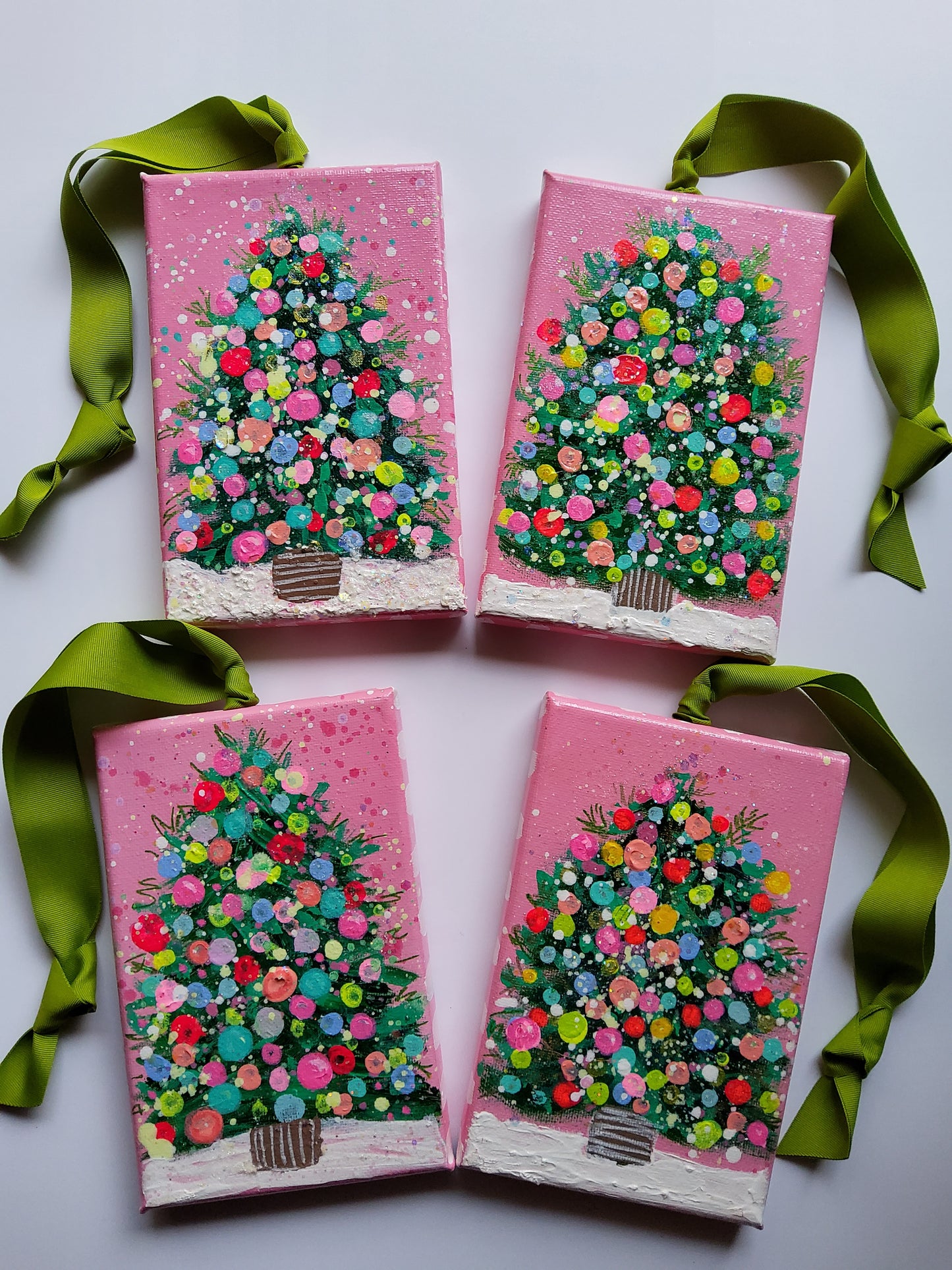 Rose confetti tree ornament with colorful dots and chartreuse ribbon – modern handmade Christmas art