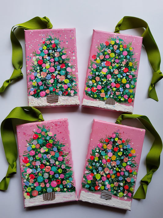 Rose confetti tree ornament with colorful dots and chartreuse ribbon – modern handmade Christmas art