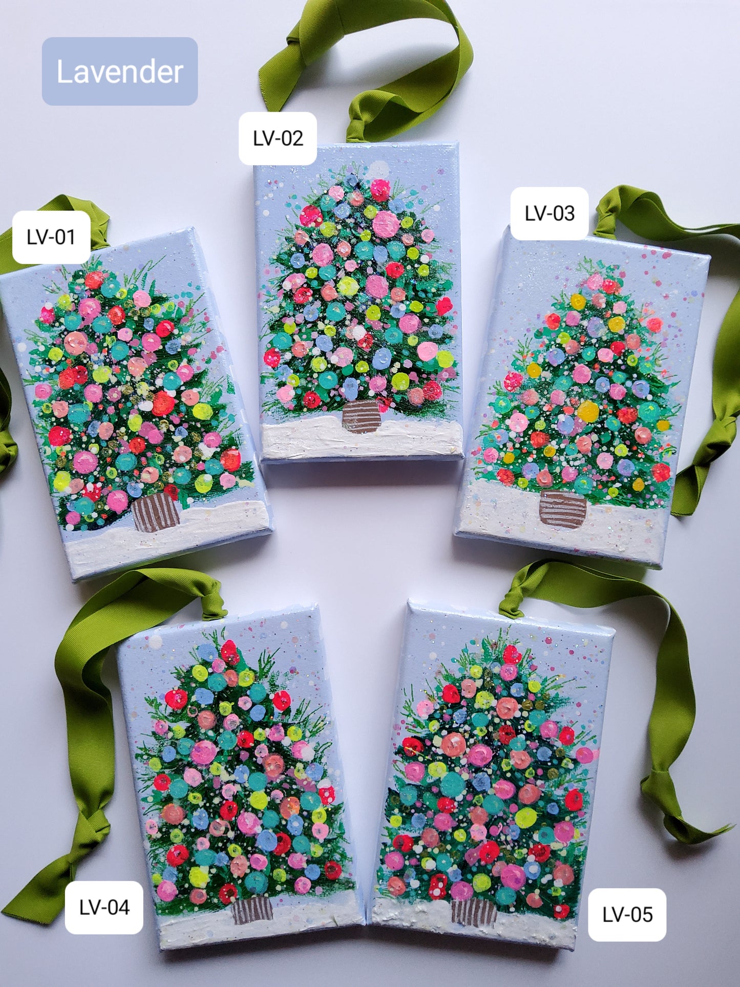 Hand-Painted Confetti Tree Ornaments – Peaceful Light Collection (Cool Tones)