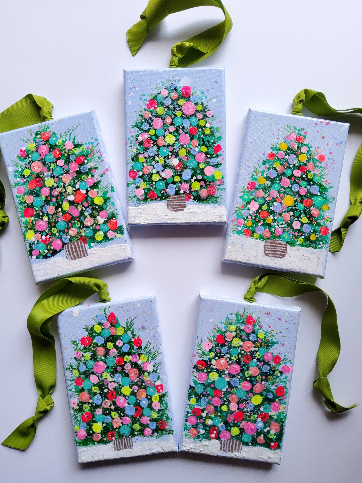 Hand-Painted Confetti Tree Ornaments – Peaceful Light Collection (Cool Tones)