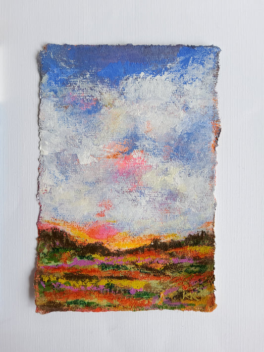Original mini landscape painting with bright sky and colorful horizon on textured paper