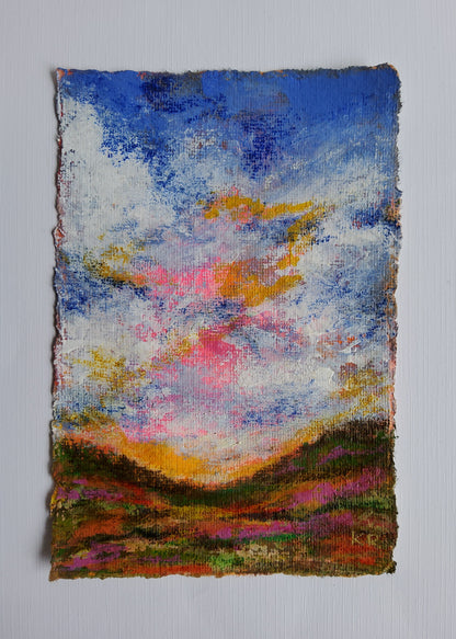 Vertical acrylic landscape with clouds, sunset tones, and deckle-edged handmade paper.