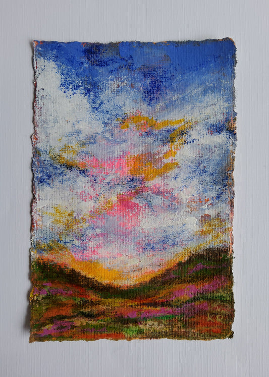 Vertical acrylic landscape with clouds, sunset tones, and deckle-edged handmade paper.